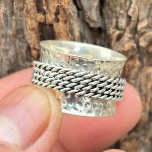 Sterling Silver Spinner Ring – Handmade Hammered Band with Braided Spinner – Anxiety Fidget Ring – 925 Silver Meditation Ring
