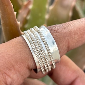 Handmade Sterling Silver Spinner Ring – Hammered Wide Band with Twisted Wire Spinners | Fidget Anxiety Ring | Silver Wire ring