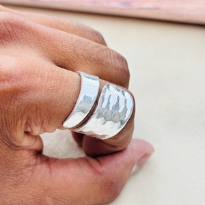 Adjustable Hammered Sterling Silver Ring | Wide Band Thumb Ring | Handmade Boho Statement Ring | Unisex Minimalist Jewelry Gift