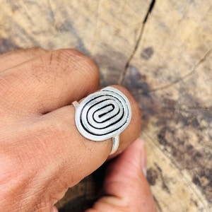 Spiral Silver Ring | Handmade Oval Swirl Ring | Statement Boho Jewelry | Adjustable Tribal Ring | Unique Fingerprint Design | Gift for Her
