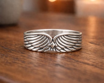 Anello con ala d'angelo in argento sterling, gioielli spirituali boho con piume
