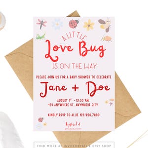 A Little Love Bug is on the Way Baby Shower Editable Invitation, Baby Shower Invitation, Love Bug Themed Baby Shower, Printable Invite