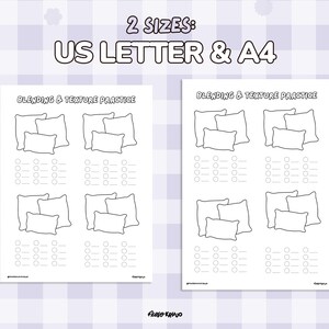May include: Two white printable sheets with the text "BLENDING & TEXTURE PRACTICE" and illustrations of pillows. The text "2 SIZES: US LETTER & A4" is at the top. The sheets have a light purple and white checkered background.