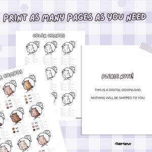 Puede incluir: Descarga digital con tablas de combinaci&oacute;n de colores imprimibles con ilustraciones de rostros de mujeres. El texto "Imprime tantas p&aacute;ginas como necesites" est&aacute; en la parte superior. Una nota dice: "Esta es una descarga digital. No se le enviar&aacute; nada."
