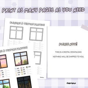 May include: White paper sheets with window outline drawings for blending and texture practice. The text "PRINT AS MANY PAGES AS YOU NEED" is at the top. The text "PLEASE NOTE! THIS IS A DIGITAL DOWNLOAD. NOTHING WILL BE SHIPPED TO YOU." is also visible.
