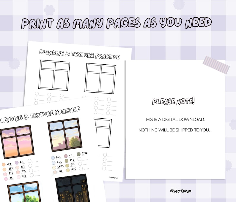 May include: White paper sheets with window outline drawings for blending and texture practice. The text "PRINT AS MANY PAGES AS YOU NEED" is at the top. The text "PLEASE NOTE! THIS IS A DIGITAL DOWNLOAD. NOTHING WILL BE SHIPPED TO YOU." is also visible.