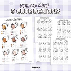 Puede incluir: Arte imprimible con cinco dise&ntilde;os bonitos. La imagen principal muestra una hoja con combinaciones de colores para tonos de piel y cabello. Hojas adicionales muestran dibujos lineales de rostros con varios peinados. El texto incluye "Print at Home" y "Color Combos."