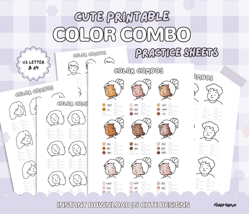 Puede incluir: Hojas de pr&aacute;ctica de combinaci&oacute;n de colores imprimibles con dise&ntilde;os bonitos. Las hojas presentan ilustraciones de rostros con diferentes tonos de piel y colores de cabello, junto con muestras de color. El texto incluye "Cute Printable Color Combo Practice Sheets", "US Letter & A4".