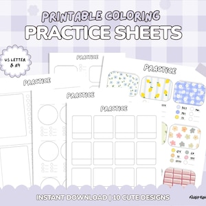 Op de afbeelding: Een stapel printbare kleur oefenbladen met diverse ontwerpen, waaronder bloemen- en geometrische patronen. De vellen zijn gemarkeerd met "Practice" en bevatten de tekst "Printable Coloring Practice Sheets" en "Instant Download | 10 Cute Designs."