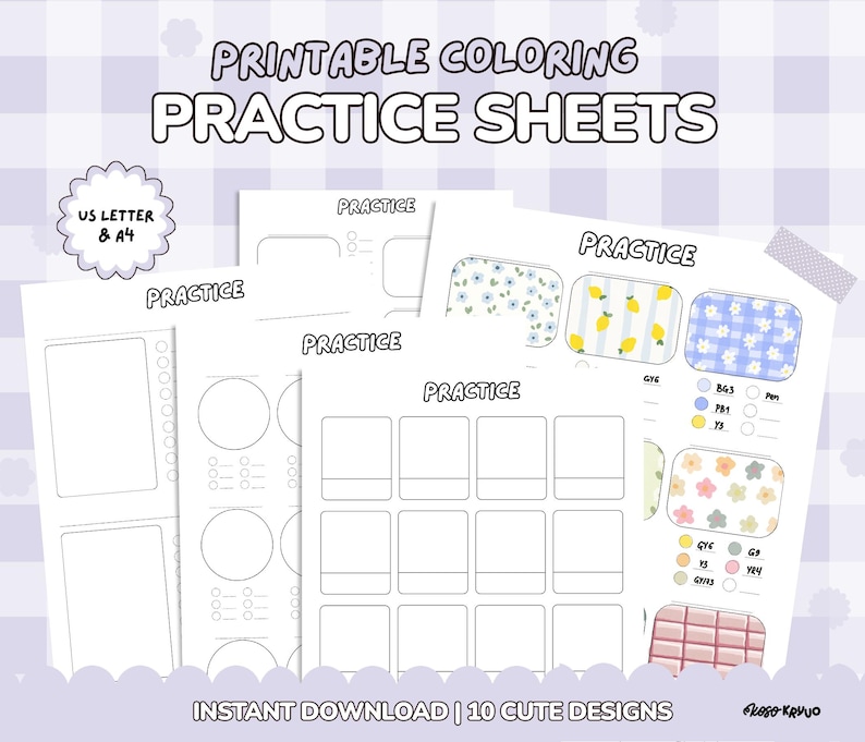 Puede incluir: Un conjunto de hojas de pr&aacute;ctica de colorear imprimibles con varios dise&ntilde;os, incluyendo patrones florales y geom&eacute;tricos. Las hojas est&aacute;n etiquetadas como "Practice" e incluyen el texto "Printable Coloring Practice Sheets" y "Instant Download | 10 Cute Designs."