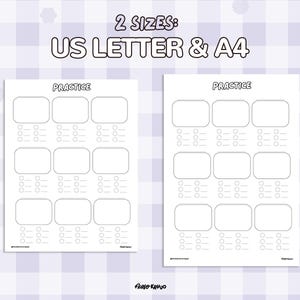 Puede incluir: Dos hojas de pr&aacute;ctica blancas con un dise&ntilde;o de cuadr&iacute;cula, con el texto "PRACTICE" en la parte superior. Las hojas est&aacute;n etiquetadas como "US LETTER & A4" indicando dos tama&ntilde;os. Cada hoja tiene cuadros rectangulares y l&iacute;neas para practicar.
