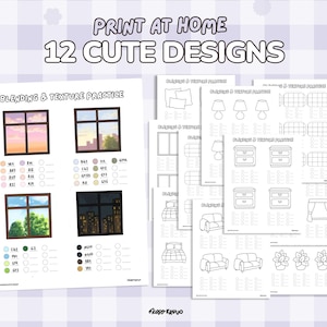 May include: A stack of printable art sheets with the text "Print at Home 12 Cute Designs." The sheets feature window illustrations with color blending and texture practice, along with outlines of furniture and decor for coloring. The sheets are on a light purple checkered background.