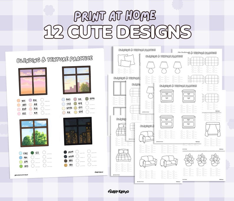 May include: A stack of printable art sheets with the text "Print at Home 12 Cute Designs." The sheets feature window illustrations with color blending and texture practice, along with outlines of furniture and decor for coloring. The sheets are on a light purple checkered background.