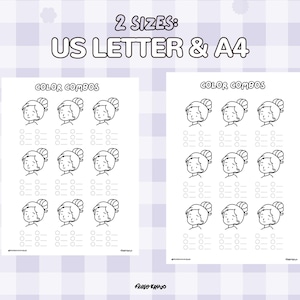 Puede incluir: Dos hojas de papel blancas con el texto "COLOR COMBOS" e ilustraciones de un rostro femenino. El texto "2 SIZES: US LETTER & A4" est&aacute; en la parte superior. El fondo es un patr&oacute;n de cuadros morado claro.
