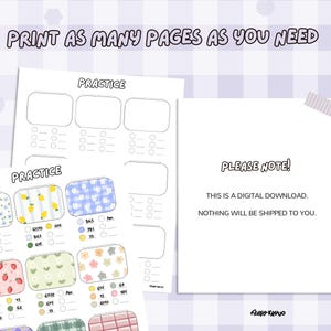 Puede incluir: Hojas de pr&aacute;ctica digitales con cajas estampadas coloridas y la palabra "Practice". Las hojas incluyen el texto "Print as many pages as you need" y "Please Note! This is a digital download. Nothing will be shipped to you."