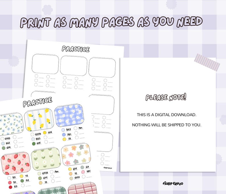 Puede incluir: Hojas de pr&aacute;ctica digitales con cajas estampadas coloridas y la palabra "Practice". Las hojas incluyen el texto "Print as many pages as you need" y "Please Note! This is a digital download. Nothing will be shipped to you."