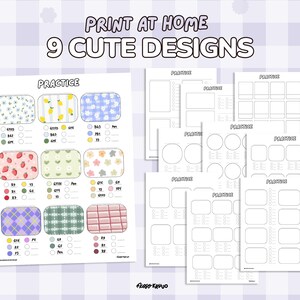 Puede incluir: Hojas de pr&aacute;ctica imprimibles con el texto "Print at Home 9 Cute Designs". Las hojas presentan varios dise&ntilde;os, incluyendo florales, frutales y geom&eacute;tricos, junto con espacios en blanco para practicar. La paleta de colores incluye tonos pastel.