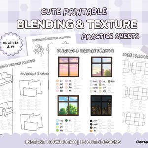 Puede incluir: Un conjunto de hojas de práctica imprimibles para ejercicios de mezcla y textura. Las hojas presentan diseños bonitos, incluyendo escenas de ventanas, sofás y almohadas, con muestras de color para practicar la mezcla. El texto en las hojas dice "CUTE PRINTABLE BLENDING & TEXTURE PRACTICE SHEETS".