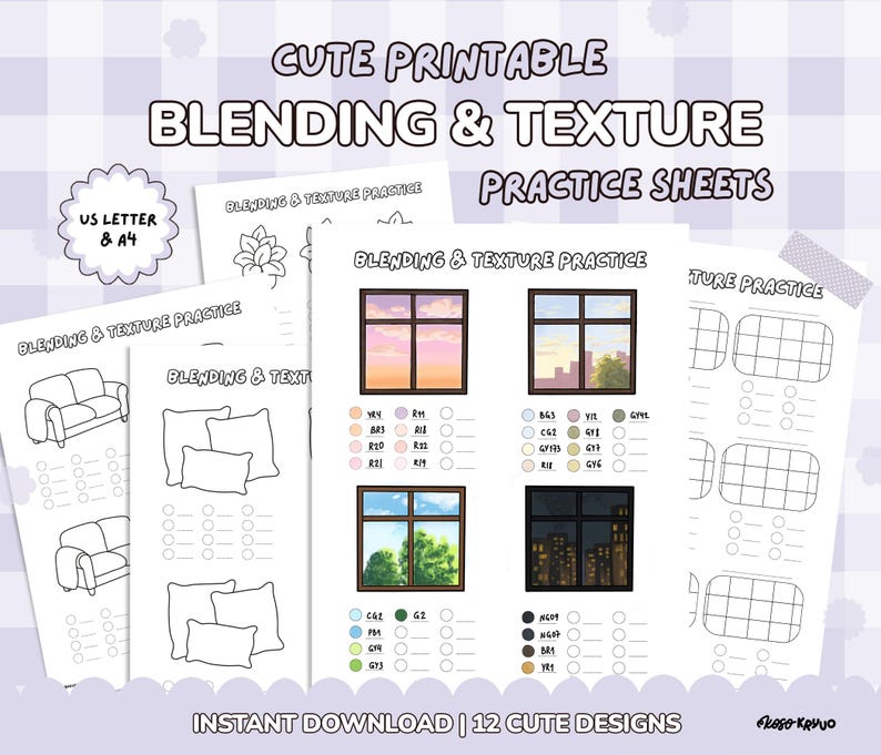 May include: A collection of printable practice sheets for blending and texture exercises. The sheets feature cute designs, including window scenes, sofas, and pillows, with color swatches for blending practice. The text on the sheets reads "CUTE PRINTABLE BLENDING & TEXTURE PRACTICE SHEETS".