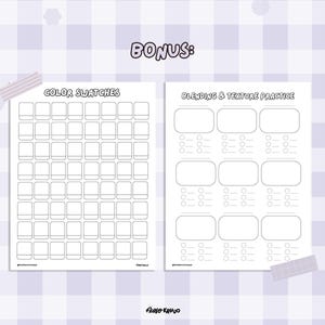 May include: Two white printable pages with the text "COLOR SWATCHES" and "BLENDING & TEXTURE PRACTICE". The pages have blank boxes and spaces for color swatches and blending practice. The word "BONUS:" is at the top.