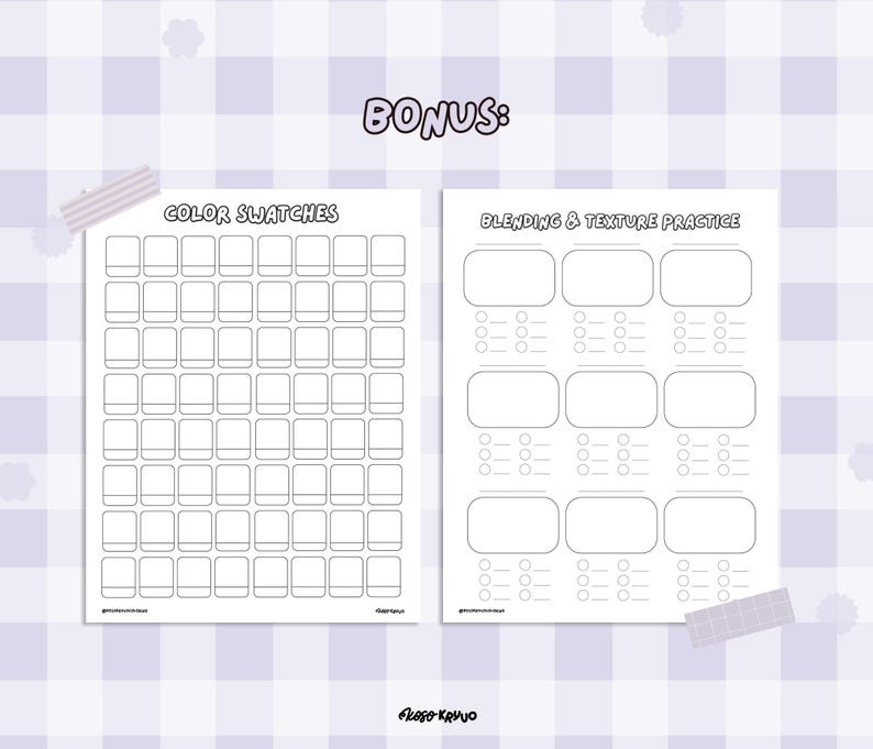 May include: Two white printable pages with the text "COLOR SWATCHES" and "BLENDING & TEXTURE PRACTICE". The pages have blank boxes and spaces for color swatches and blending practice. The word "BONUS:" is at the top.