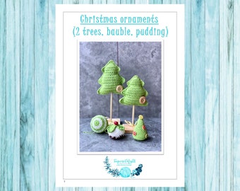 Crochet Christmas Decorations Set. Christmas Trees / Pudding / Bauble  4 PDF Patterns.