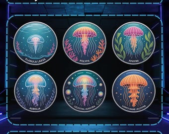 Op de afbeelding: Zes ronde badges met illustraties van kwallen. Elke badge toont een uniek kwallenontwerp met namen als "Planula Larva" en "Lion's Mane Jellyfish". De tekst "JELLYFISH BADGES" staat bovenaan. De tekst onderaan luidt "KICK | DISCORD | TWITCH".