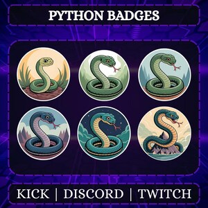 Könnte beinhalten: Sechs runde Python-Abzeichen mit Cartoon-Schlangen in verschiedenen Farben und Umgebungen. Das Bild hat einen lila und blauen Hintergrund mit dem Text "PYTHON BADGES" oben und "KICK | DISCORD | TWITCH" unten.