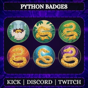 May include: Six colorful Python badges featuring yellow snakes in various poses, set against different backgrounds. The badges are round and framed with a dark blue border. The text "PYTHON BADGES" is at the top, and "KICK | DISCORD | TWITCH" is at the bottom.