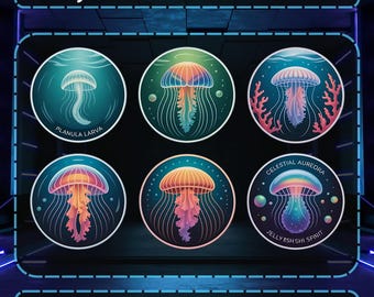 Op de afbeelding: Een set van zes ronde badges met illustraties van kwallen in verschillende kleuren. De badges bevatten tekst zoals "JELLYFISH BADGES", "PLANULA LARVA", "CELESTIAL AUREORA" en "JELLY&SH SHI SPINIT". Onderaan de afbeelding staat "KICK | DISCORD | TWITCH".