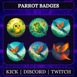 Parrot Twitch Badges | Twitch Bird Sub Badges | Twitch Subscriber Badges | Twitch Bit Badges | Streamer | Kick YouTube Discord.