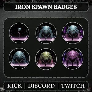May include: Iron Spawn Badges are featured in this image. Six circular badges with detailed illustrations of alien creatures in various colors, including blue, green, and purple, are displayed. The text "IRON SPAWN BADGES" and social media platform names are also visible.