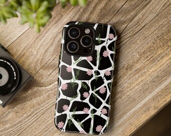 Funda para teléfono con estampado animal en blanco y negro y flores rosas/Fundas resistentes