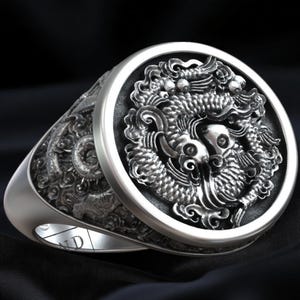 Traditional Chinese Fish Ring, Handmade in Silver, Yin Yang Lucky Symbol, Unique Men’s Signet Jewelry Gift