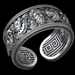 Greek Gods Adjustable Silver Ring – Handmade Meander Pattern Cuff with Olympus Sculptural Relief, Ancient Mythology Gift for Him or Her