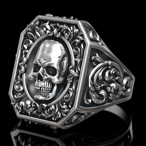 Baroque Skull Signet Ring – Handmade Sterling Silver Gothic Rococo Ring with Ornate Details, Dark Luxury Statement Jewelry, Gift for Him