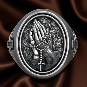 Christian Rosary Signet Ring, Praying Hands & Cross Design, Handmade Faith Jewelry for Men, Catholic Gift