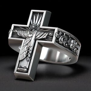 Sacred Heart Jesus Protector Ring – 18K Gold Plated Cross Band for Catholic & Orthodox Men, Handmade Silver Christian Statement Ring