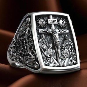 Jesus Crucifix Ring with Mary & Saints, Handmade Christian Signet for Men, Religious Cross Jewelry, Catholic Faith Statement Gift for Him