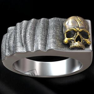Unique Gold Skull Signet Ring, Handmade in Silver, Blackened Gothic Texture for Men, Dark Fashion Jewelry Gift