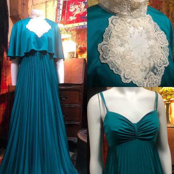 Vintage pleated maxi dress with capelet