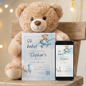 Baby Shower Invitation Template Boy, Teddy Bear Plane Blue Invite, Editable Canva Printable & Mobile Baby Shower Invite, DIY Baby Shower