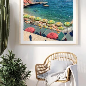 Vintage Coastal Wall Art – Beach Umbrellas & Turquoise Sea Print