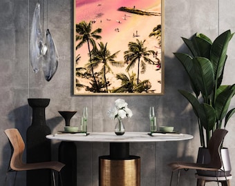 Roze tropisch strand muurkunst – zomerafdrukbare palmboom, retro foto surfer oceaan, decor Hawaii kust, instant download