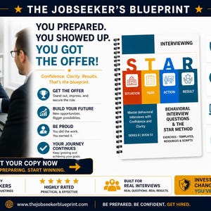 Peut inclure: Image d'un document d'offre d'emploi avec le mot "F&eacute;licitations". Deux hommes en costume se serrent la main. Un livre &agrave; spirales intitul&eacute; "Interviewing STAR" est &agrave; droite. Le texte comprend "The Jobseeker's Blueprint".