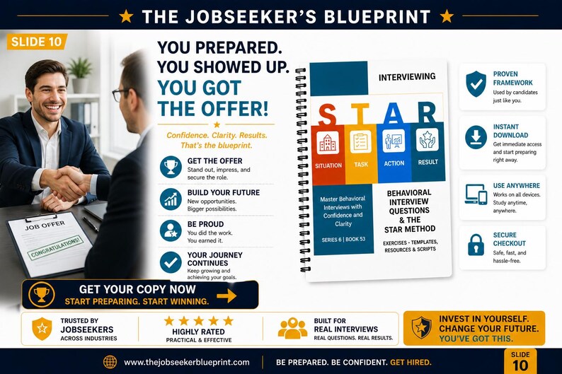 Peut inclure: Image d'un document d'offre d'emploi avec le mot "F&eacute;licitations". Deux hommes en costume se serrent la main. Un livre &agrave; spirales intitul&eacute; "Interviewing STAR" est &agrave; droite. Le texte comprend "The Jobseeker's Blueprint".