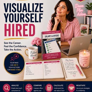 Puede incluir: The Job Seeker's Blueprint Series 2 Book 4, una guía profesional que incluye un cuaderno de ejercicios en espiral Salary & Offers, una calculadora de salario, una hoja de comparación de ofertas y un diario My Vision con bolígrafo rosa, taza y vela.