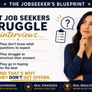 Peut inclure: Image de "The Jobseeker's Blueprint" avec le texte : "La plupart des demandeurs d'emploi ont du mal lors des entretiens." Une femme en haut bleu a l'air pensif. L'image comprend un point d'interrogation, une liste de contr&ocirc;le et le texte "Ils n'obtiennent pas d'offres."