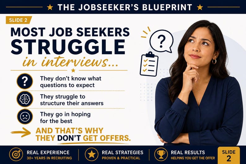 Peut inclure: Image de "The Jobseeker's Blueprint" avec le texte : "La plupart des demandeurs d'emploi ont du mal lors des entretiens." Une femme en haut bleu a l'air pensif. L'image comprend un point d'interrogation, une liste de contr&ocirc;le et le texte "Ils n'obtiennent pas d'offres."