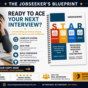 Peut inclure: Image promotionnelle pour "The Jobseeker's Blueprint" avec le texte "Pr&ecirc;t &agrave; R&eacute;ussir Votre Prochain Entretien ?" Une personne semble stress&eacute;e. L'image comprend un cahier avec "STAR" et des conseils d'entretien. L'image comprend &eacute;galement des ic&ocirc;nes et du texte.